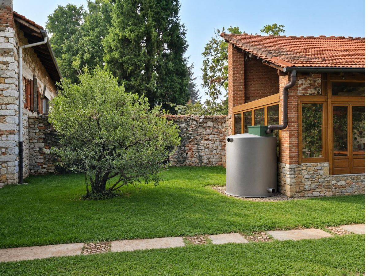 Serbatoio per acqua piovana da esterno in acciaio collegato al pluviale di casa