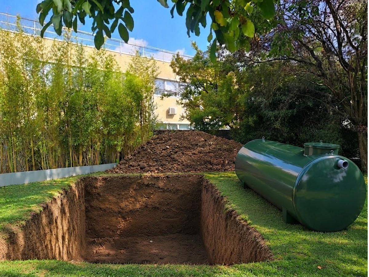 Serbatoio da interro per acqua piovana in acciaio verniciato pronto per la posa nello scavo